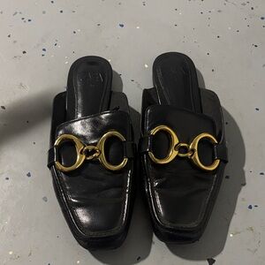 Black Leather Slip-On Loafers with Gold Accent Zara 36